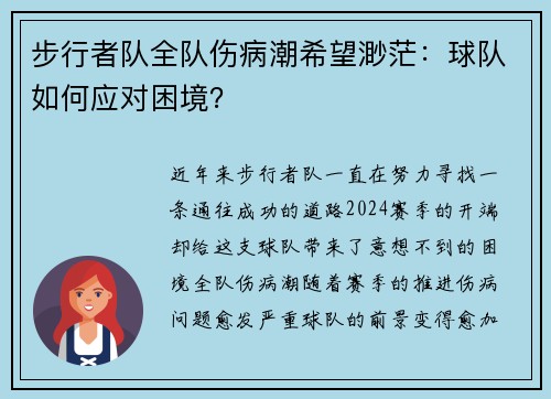 步行者队全队伤病潮希望渺茫：球队如何应对困境？