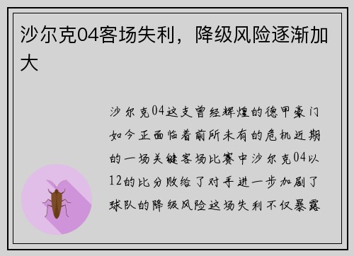 沙尔克04客场失利，降级风险逐渐加大