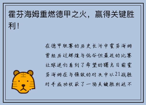 霍芬海姆重燃德甲之火，赢得关键胜利！